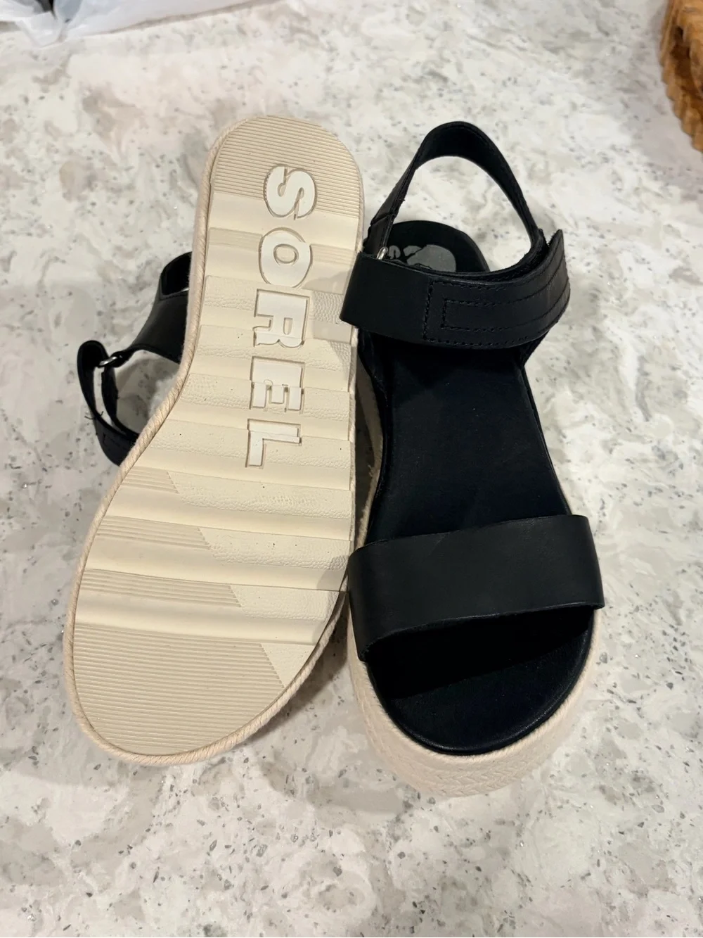 NWOT. Sorel Cameron Black Espadrille Sandals with Ankle Strap. Size 7.5.
